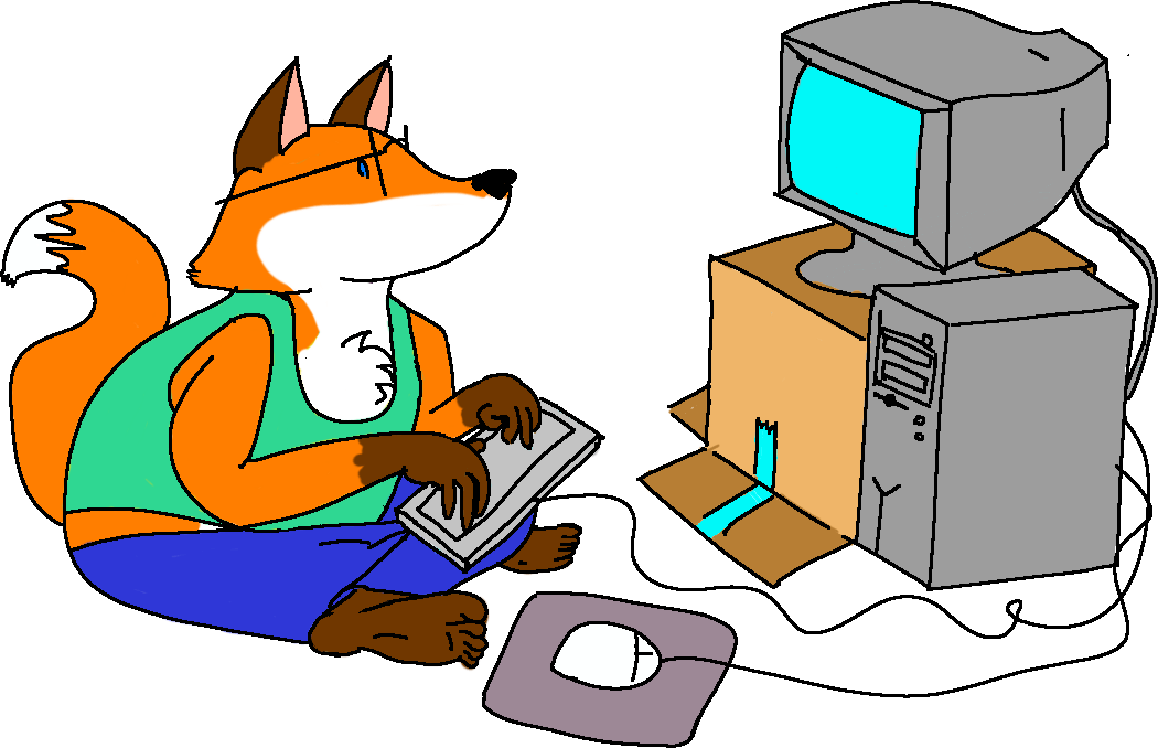 an anthropomorphic fox sitting at a computer